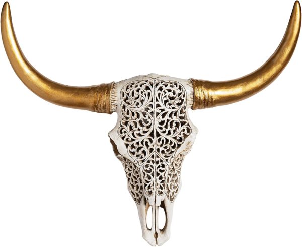 Crâne vache western sculptée cornes dorées